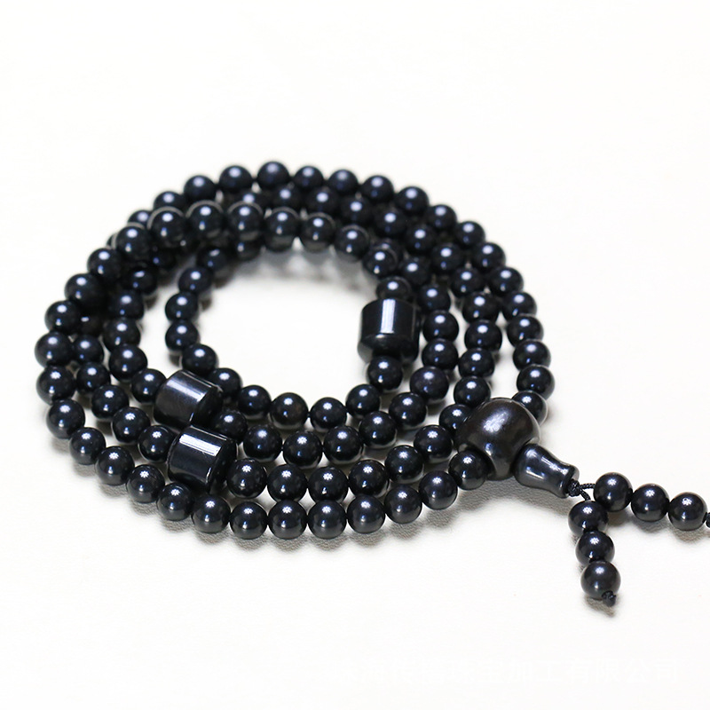 新疆淖毛湖天宝石黑金刚能量石佛珠6-12mm108颗念珠手持中强磁