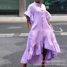 气质通勤紫色裙套装纯色宽松腰长裙连衣裙