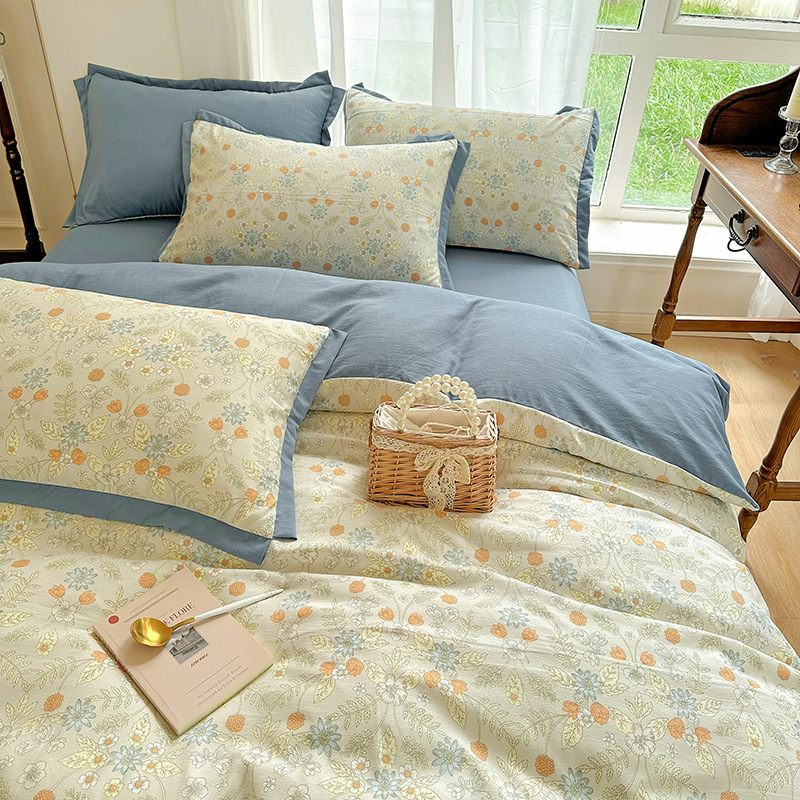 Class A Unprinted Washed Cotton Four-Piece Small Floral Cotton Linen Bed Sheet Quilt Cover Princess Style Dormitory Three-Piece Set Wholesale