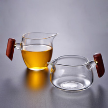 高硼硅玻璃公道杯 功夫家用茶海分茶器 侧木把手透明玻璃公道杯
