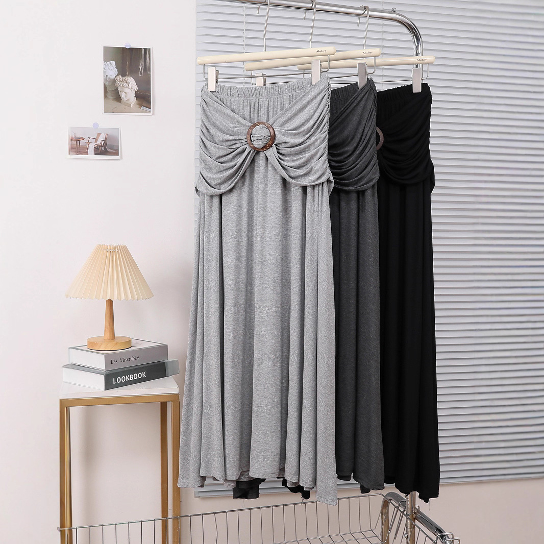 设计感法式小众长裙慵懒风松紧腰褶皱莫代尔棉半身裙一件代发9612