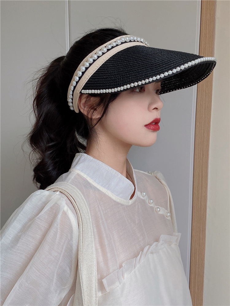 Internet Celebrity Topless Hat Women's Sun Hat Summer All-Matching Sun-Proof Face Cover Korean Style Trendy Headless Pearl Straw Hat Sun Hat