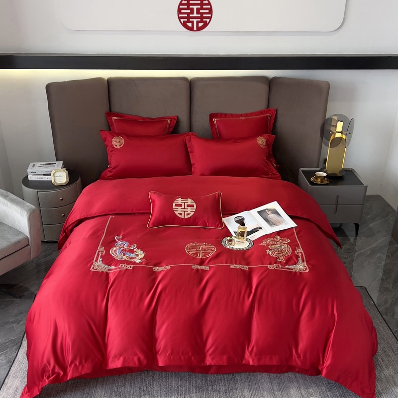 High-End Red Wedding Four-Piece Set Wedding Bedding Red Bed Sheet Embroidered Quilt High-End Wedding Room Set