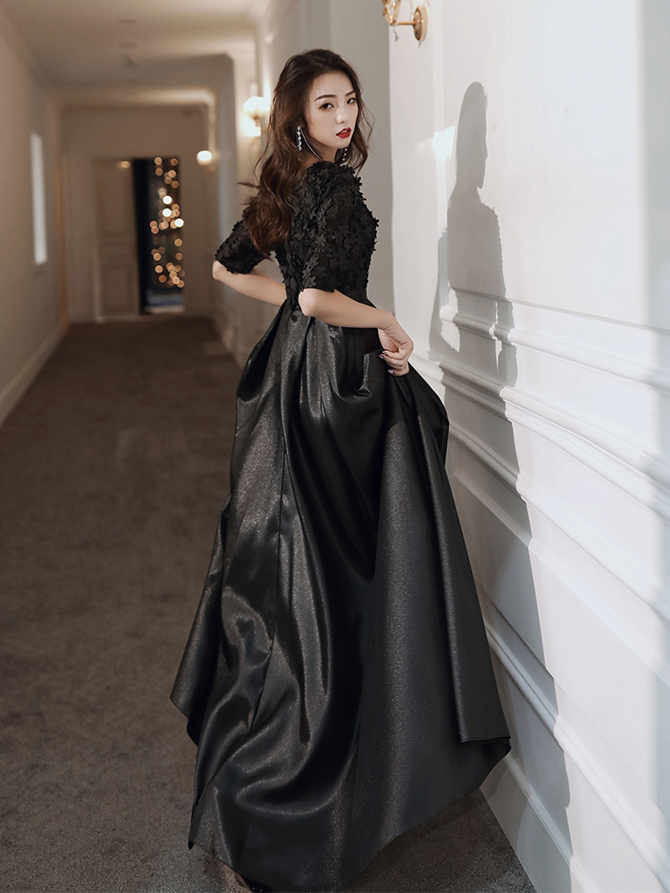 黑色晚礼服女宴会气质法式名媛指挥声乐主持人走秀演出服直播货源