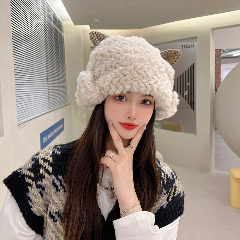 Korean Style Cute Earflaps Plush Ushanka Autumn and Winter Thick Warm Horn Knitted Sleeve Cap Cold-Proof Cycling Cap Winter