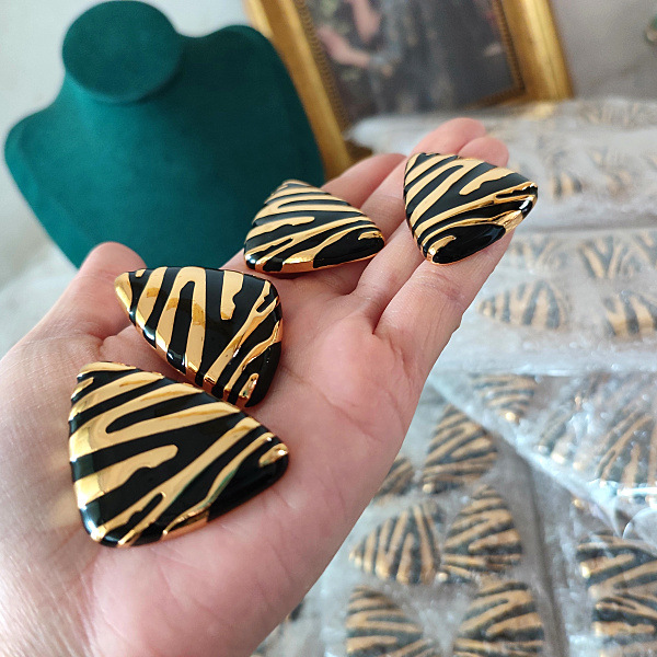 升级版本】vintage斑马条纹豹纹黑金色几何三角形银耳钉耳夹耳环