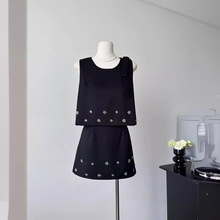 MILLAIDI2024夏设计感小香风套装女气质黑色无袖上衣+短裙两件套