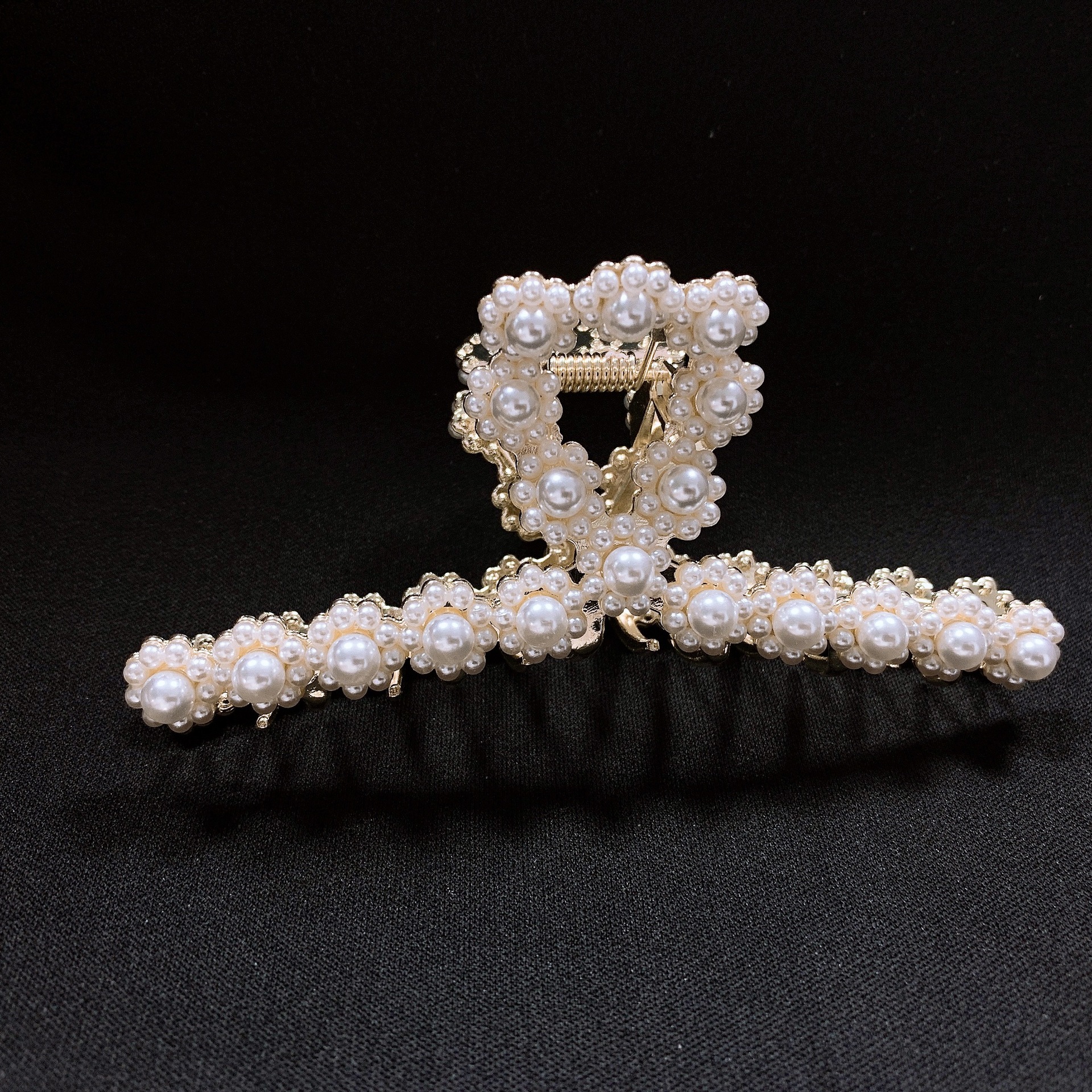 新款双排珍珠金属抓夹大号蝴蝶结形状发饰镶水钻发夹后脑勺盘发器