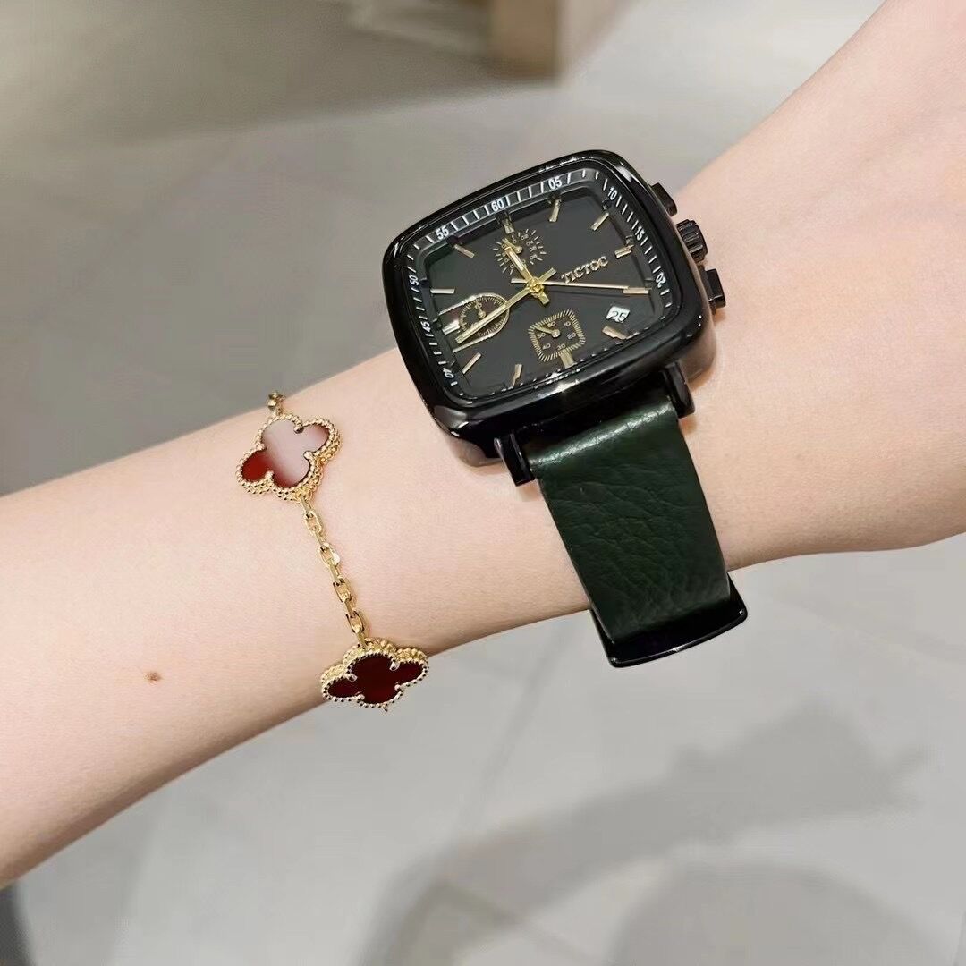 tt方形手表三眼6针带日历防水学生休闲时尚潮流运动女士女表皮带