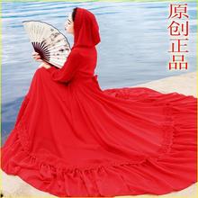 茶卡盐湖旅拍长裙新款仙女红色雪纺连衣裙连帽度假沙滩裙大摆长裙