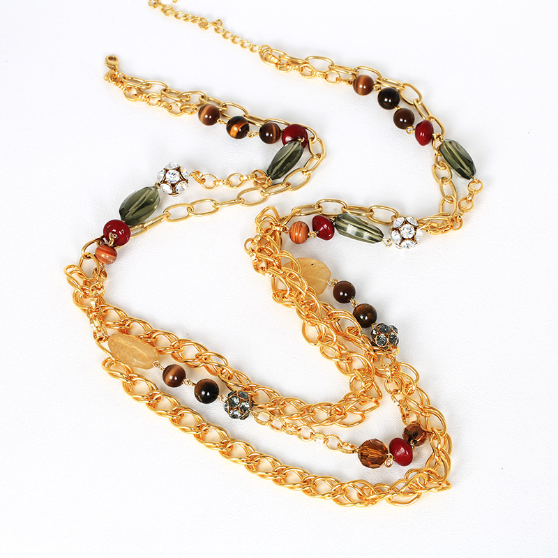 欧美饰品18k金天然虎眼石水晶手工夸张多层长项链女高级感毛衣链