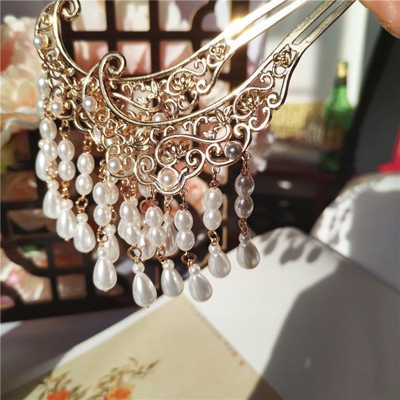 珍珠发簪汉服发冠一套流苏华丽古风步摇后压头饰古风饰品一件代销