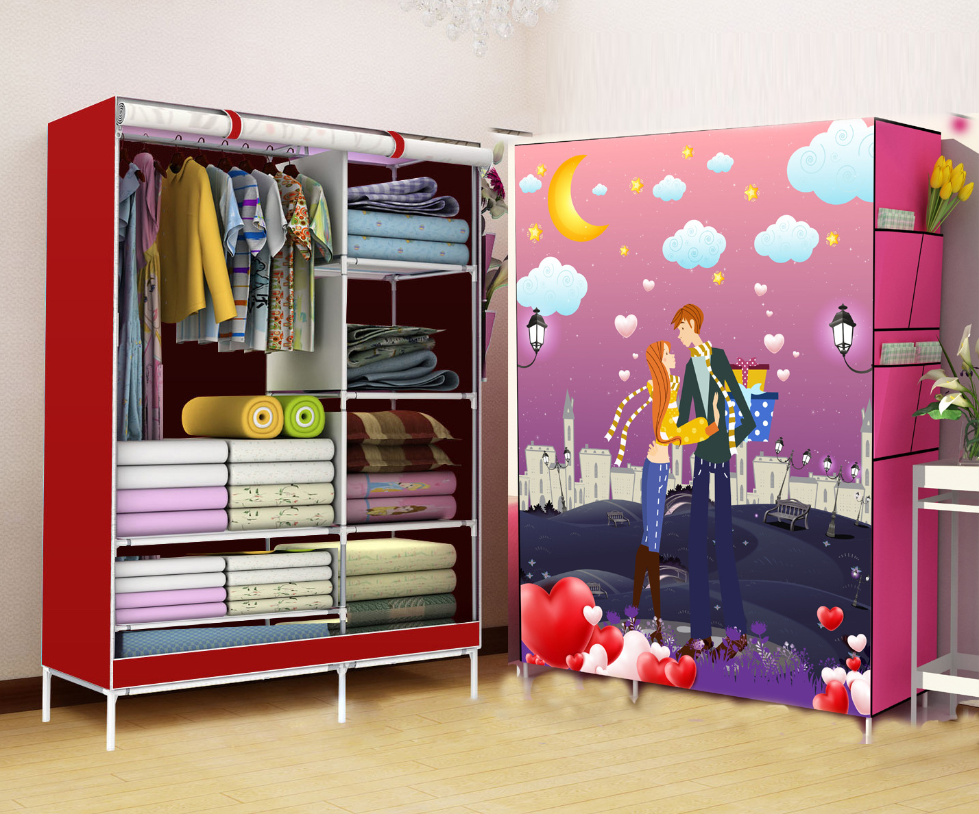 Simple Wardrobe Dormitory Wardrobe Simple Economical Assembly Cloth Wardrobe Storage Cabinet Double Steel Tube Cloth Wardrobe 0819