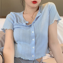 蓝色冰丝针织开衫女夏季薄款修身韩版短款bm风镂空短袖上衣设计感