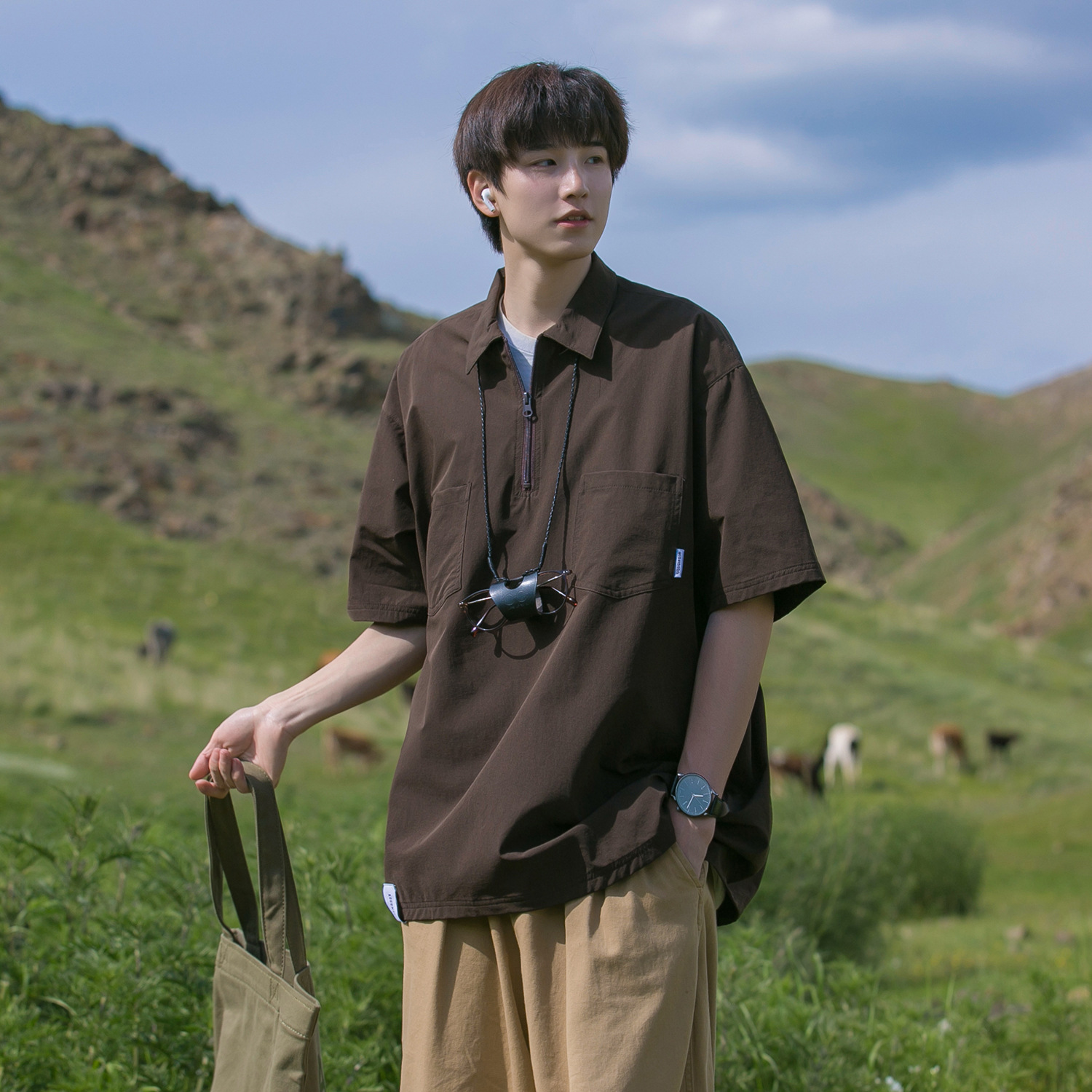 Brown Half Zipper Shirt Men's Short Sleeve Japanese-Style Retro Polo Collar T-shirt Fashion Brand Vintage Workwear Half Sleeve Shirt