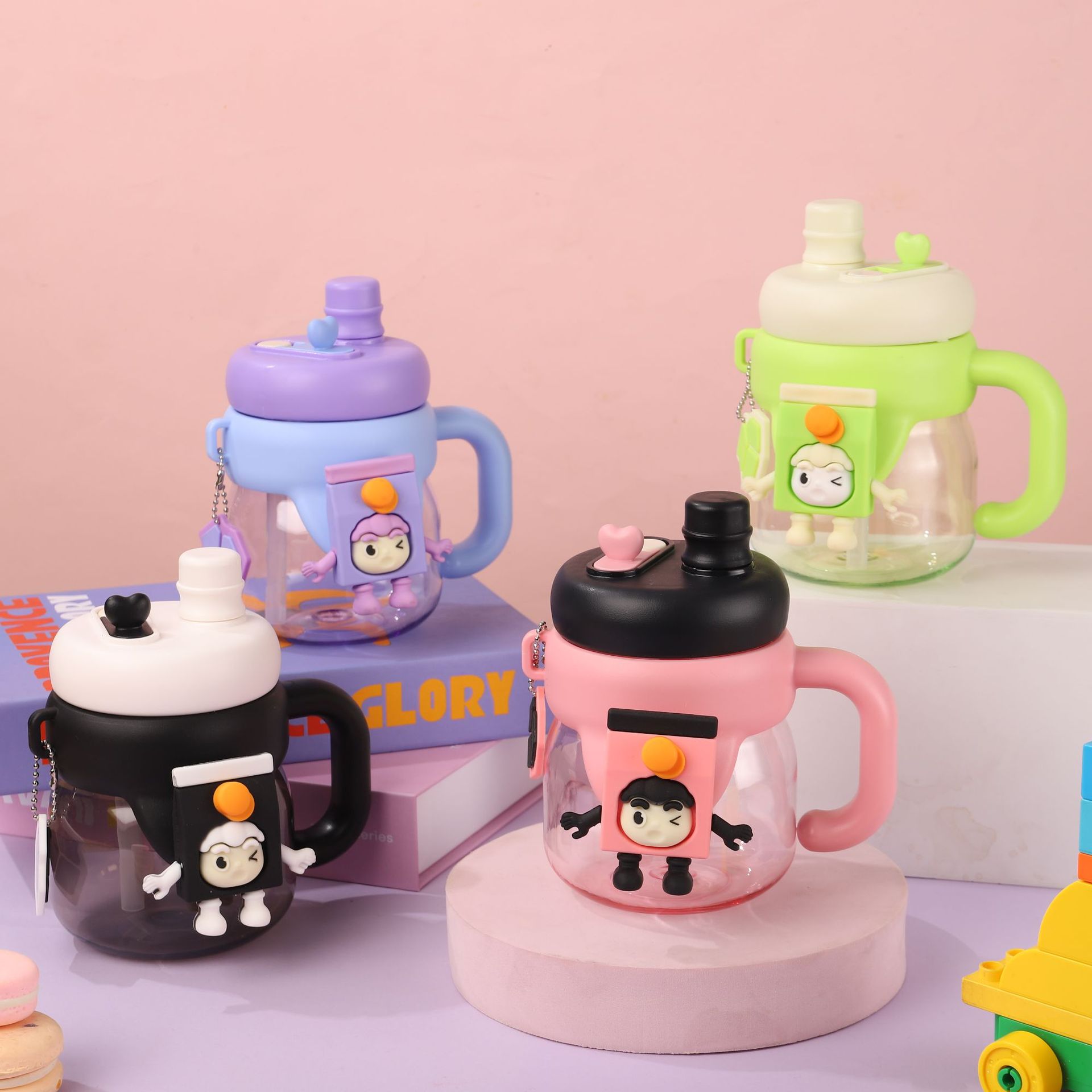 Cartoon Doll Water Cup with Handle Good-looking Portable Compact Plastic Cup Cute Fun Cup with Straw Factory Wholesale