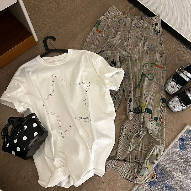 h2301短袖上衣体恤夏季美式宽松五角星回形针印花中长款白色t恤女