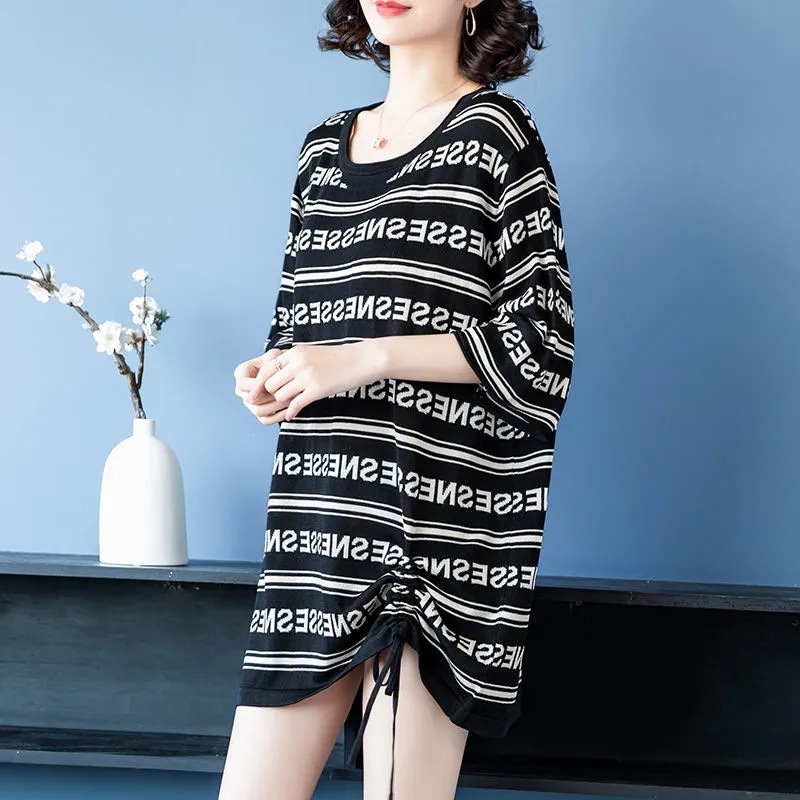 大码妈妈t恤春夏款女中长款七分中袖打底衫加肥加大显瘦遮肚上衣