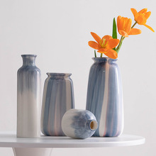 手绘蓝色简约陶瓷装饰干花鲜花花瓶客厅插花样板间摆件轻奢高级感