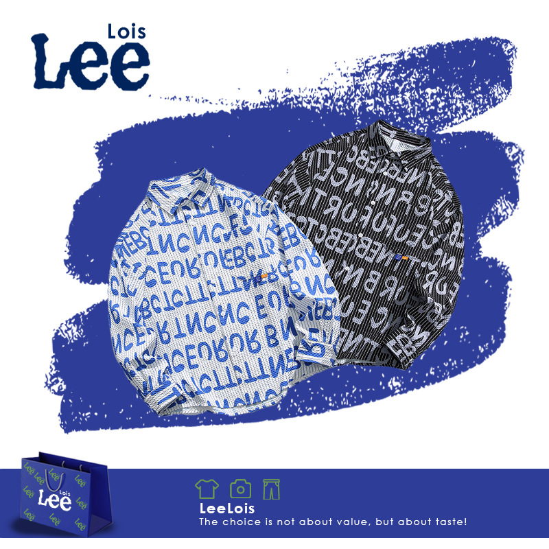 lee联名 时尚潮流春秋港风男士衬衣2024字母长袖宽松街潮男士衬衫