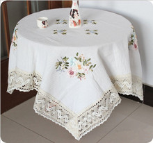 棉料刺绣花台布白色棉料餐桌布布艺外贸圆正长方形高级感茶几盖巾