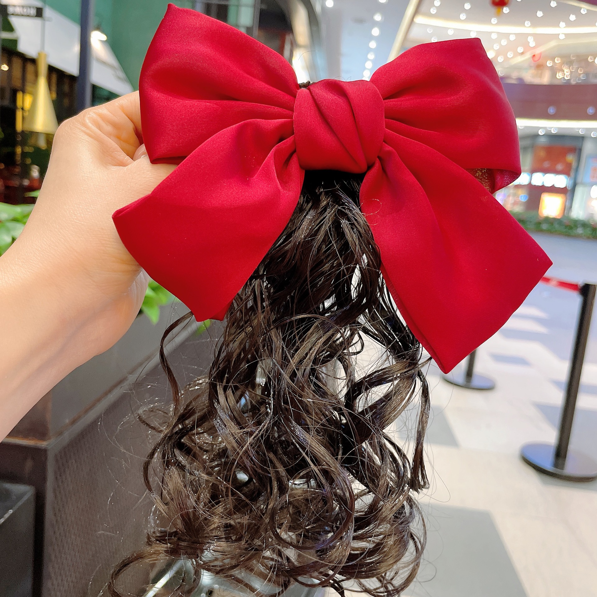 韩版网红色蝴蝶结假发压夹国民复古发饰 丝滑亮面欧根纱发夹批发