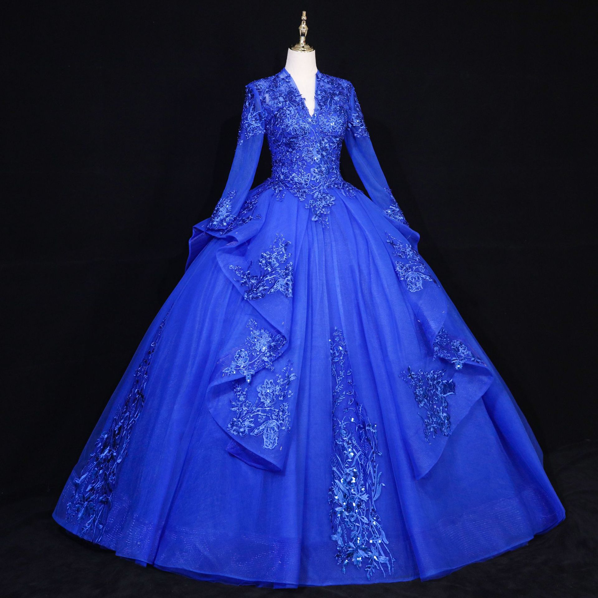 跨境婚纱礼服2022新娘结婚彩纱声乐独唱艺考主持演出服长袖蓬蓬裙