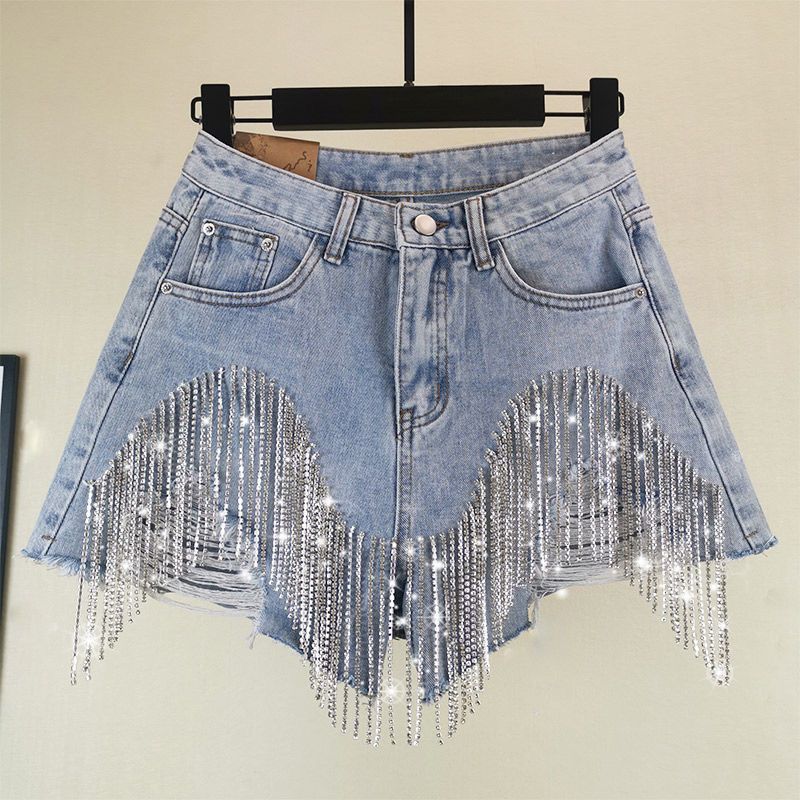 Tassel Chain Jeans for Women 2023 Summer New High Waist Slim and Sexy Shorts European and American Style Heavy Industry Beads Trendy