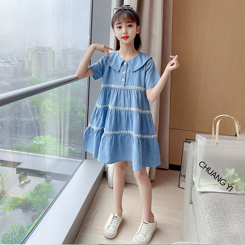 童装女童牛仔连衣裙夏装新款中大童韩版蛋糕裙女孩洋气裙一件代发