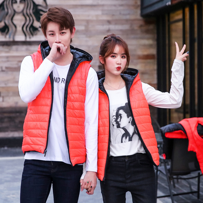 大码羽绒棉马甲女短款秋冬韩版双面穿连帽马甲情侣装加厚保暖跨境
