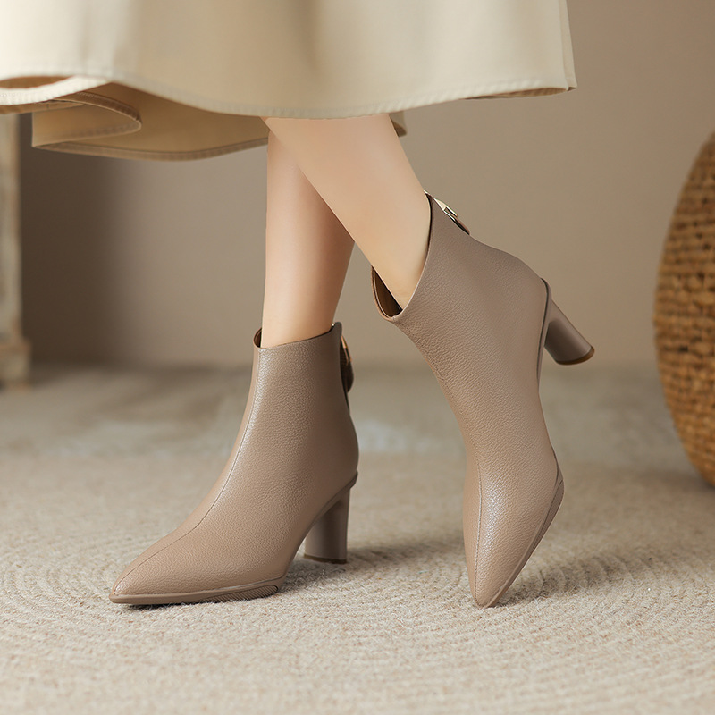 运动厚底韩版马丁靴2023秋冬新款百搭羊皮粗高跟尖头后拉链短靴女