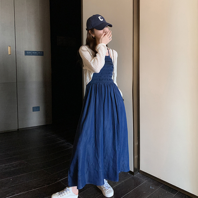 实拍吊带挂脖牛仔连衣裙两件套女夏季精致上衣成套搭配减龄套装裙