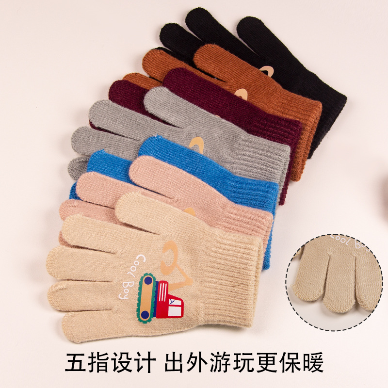 Children's Excavator Gloves Wholesale Autumn and Winter Five-Finger Knitted Wool Cold-Proof Warm Cartoon Cute Boys and Girls Baby