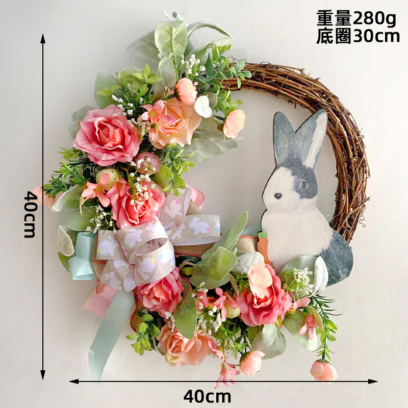 Cross-Border New Arrival Easter Decoration Rabbit Garland Ribbon Wreath Family Simulation Plant Party Pendant Wholesale