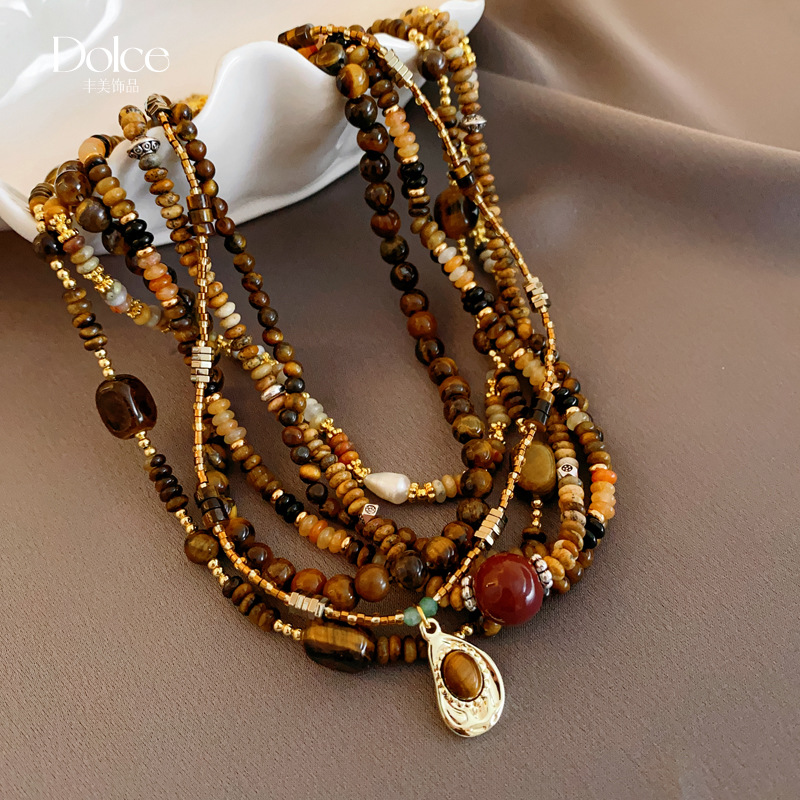 Maillard Brown Tigereye Crystal String Beads Necklace Niche Retro Clavicle Chain Personality Fashion Design Sense Necklace