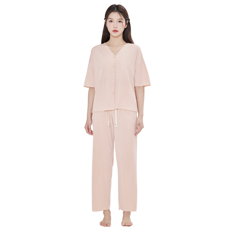 Ice Silk Pajamas for Women Spring and Summer New Solid Color Cardigan Women's Suit Loose Cool Comfortable Short Sleeve Home