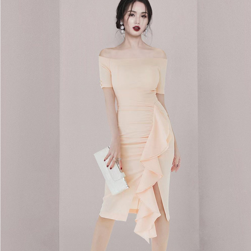 2024春夏新款韩版性感露肩一字领荷叶侧垂片包臀显瘦礼服连衣裙