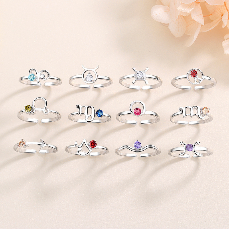s925纯银十二星座戒指本命守护开口可调节时尚个性学生创意指环