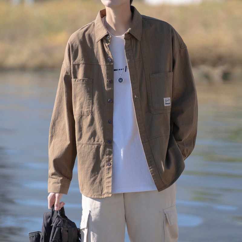 港风男装棉高级日系工装衬衫外套男春季休闲宽松春秋款帅气男衬衣