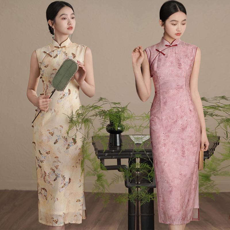 2024春夏款锦天丝长款旗袍修身显瘦日常连衣裙少女礼服女装改良