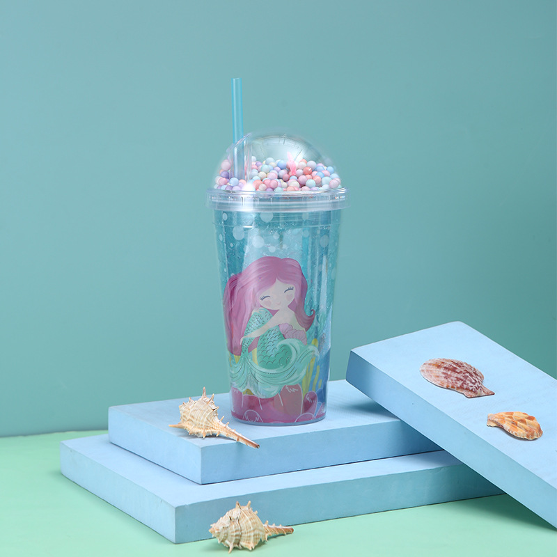 Good-looking New Mermaid Cup with Straw Summer Crushed Ice Cup Ice Cup Cute Girl Ice Cup Double-Layer Plastic Cup