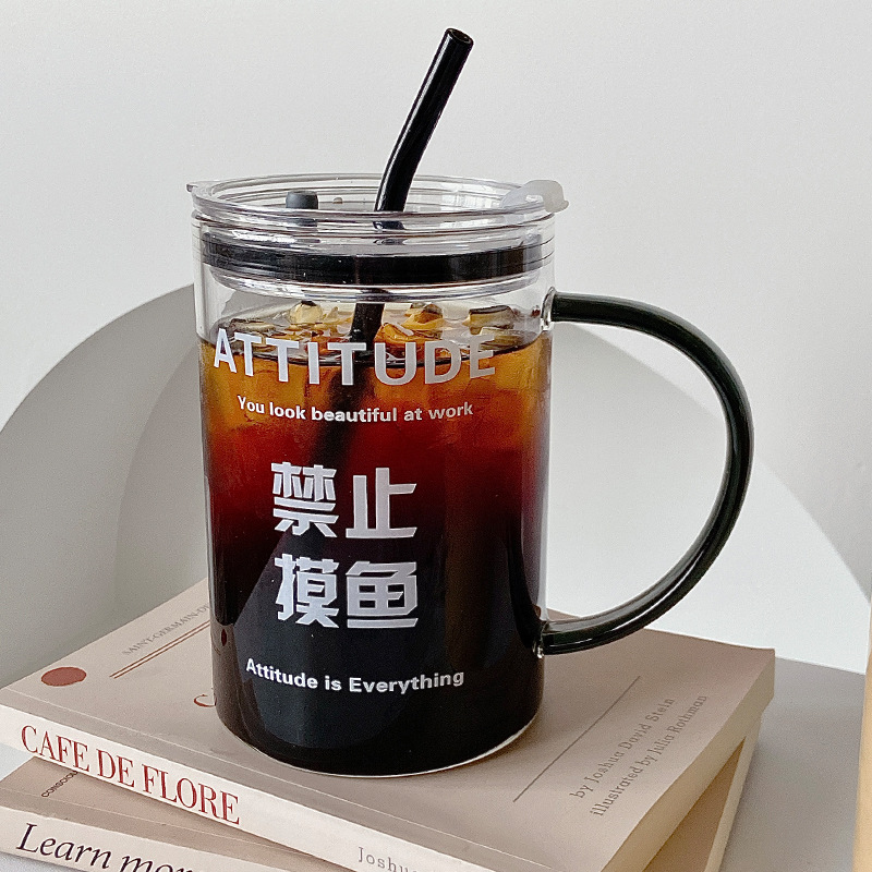 1000ml Glass Water Cup with Handle Cup with Straw Office Large Capacity Drinking Cup High Temperature Resistance Internet Celebrity Cup