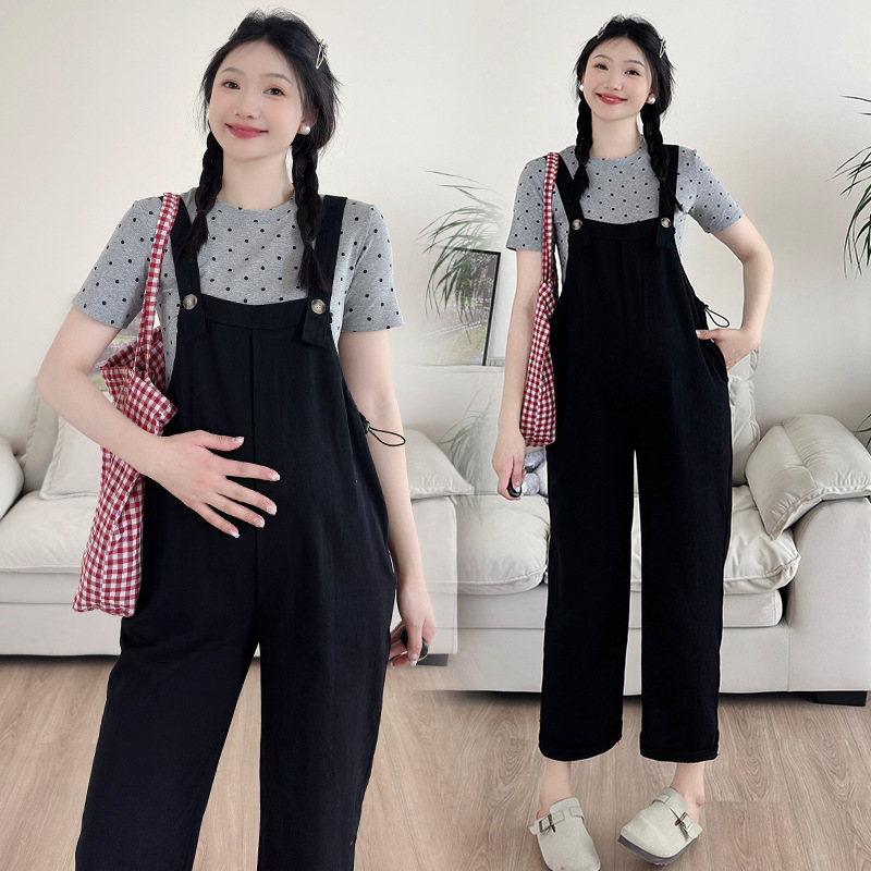 孕妇装实拍现货新款夏装孕妈减龄时尚款孕妇背带裤 波点棉t恤套装