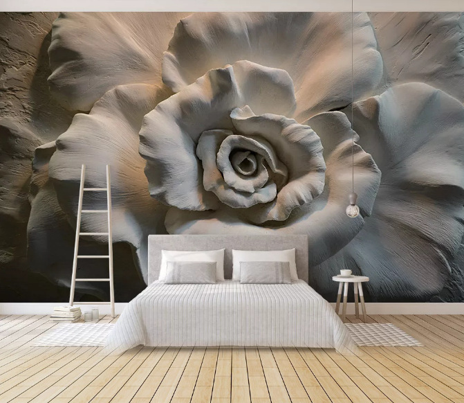 3d立体欧式石膏浮雕玫瑰花电视背景墙壁纸客厅轻奢8d影视墙布壁画
