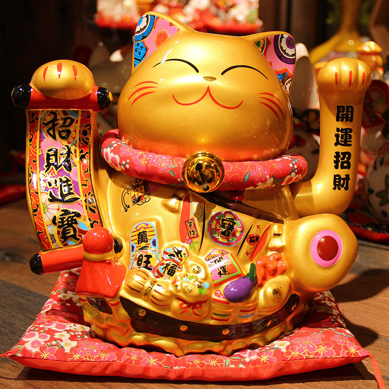 大号金色招财猫 金猫陶瓷电镀招财摆件开业送礼前台招财猫摆件
