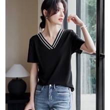 V领织带设计短袖T恤女2024夏季新款优雅气质黑色半袖上衣