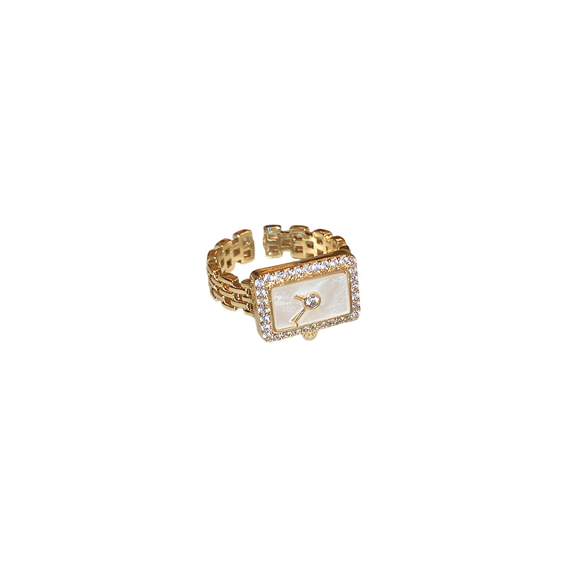 Real Gold Electroplated Zircon Square Clock Chain Open Ring Fashion All-Match Index Finger Ring Personalized Bracelet Women