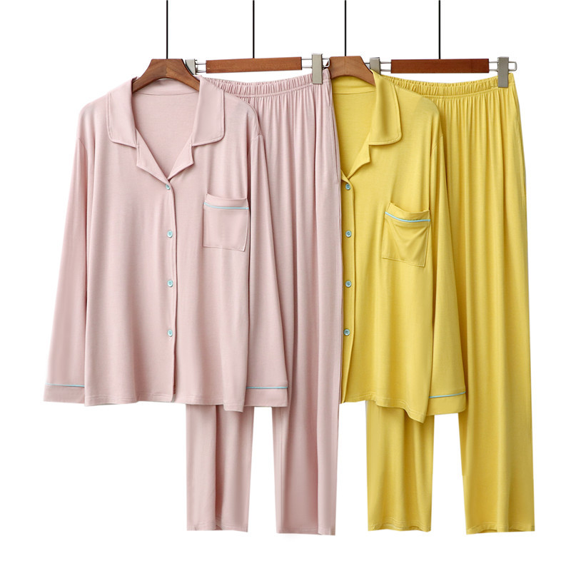 Spring and Autumn Couple Pajamas Modal Thin Contrast Color Cardigan Lapel Soft and Comfortable Breathable Long Sleeves Homewear