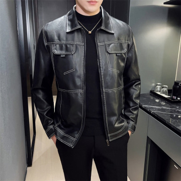 春秋翻领秋皮衣男士机车皮夹克学院风休闲pu皮外套夹克短款6603