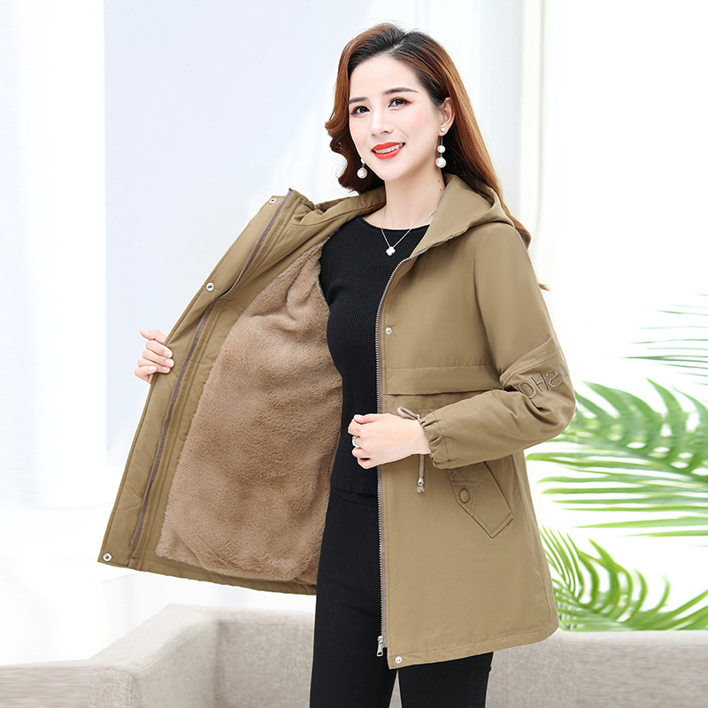 中年妈妈春装加绒外套女士中长款2022新款40岁50中老年秋冬装风衣